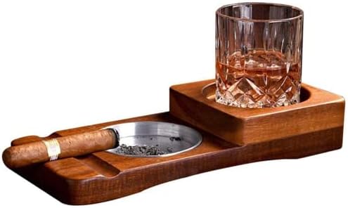 Opaeroo 2 в 1-Дървена Поставка за чаши за Уиски, Пепелник за Пури, Пепелник от Неръждаема Стомана, Комплект