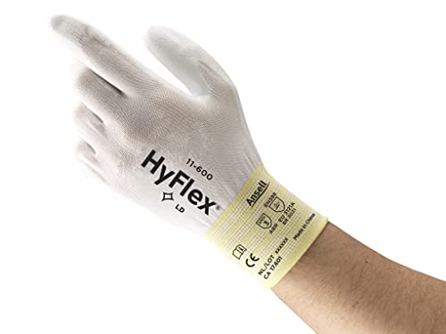 Найлонова ръкавица Ansell HyFlex 11-600, Бяло Полиуретаново покритие, Трикотажная маншет на китката, X-Large, Размер 10 (опаковка