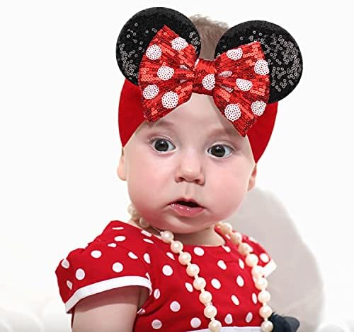 Превръзка на Главата с Пайети в една Червена точка за момичета, Панделки за коса, с Блестящи Уши Мишката, за Новородени
