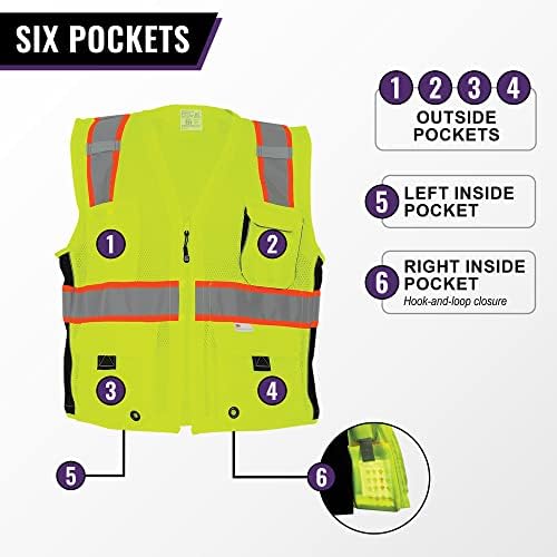 Жилетка за безопасност Global Ръкавица GLO-079 с 6 джобове и цип, Отразяваща Жилетка Повишена видимост за мъже или жени,