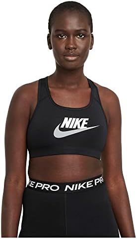 Графичен спортен сутиен Nike Swoosh за жени със средна поддръжка, Черен / Бял / Сив с частици