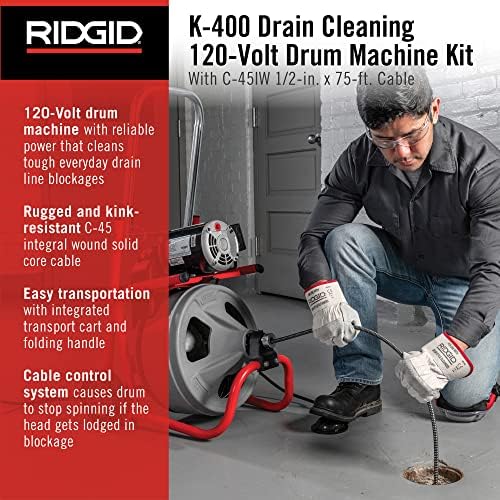 RIDGID 26998 Модел K-400 За почистване на дренаж 120-Волтова на Дръм машини с кабел C-45IW 1/2 x 75' и Спирала нож
