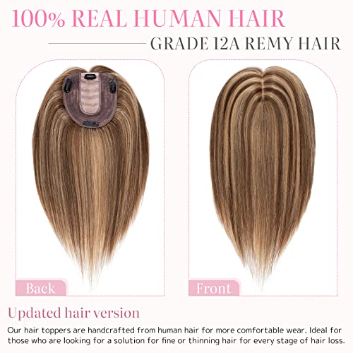 Богат избор топперов за коса за жени от истински човешки коси, коприна основа 10 * 12 см, мелированные кестенява направления