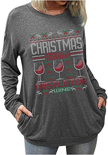 Дамски коледна туника под формата на чаши за вино, пуловер, риза с кръгло деколте, дълъг ръкав, hoody с надпис,