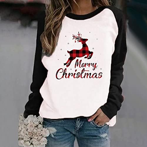 QTOCIO Hoody за Жени Коледа Големи Забавни Пуловери Празник Коледа Печат Кръгъл Отвор Пуловер Тениски с Дълъг
