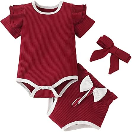 CIYO/Облекло за новородени Момичета 0-24 м, Лятна Екипировка, Гащеризон в Рубчик, Шорти, Превръзка на главата с лък, комплект