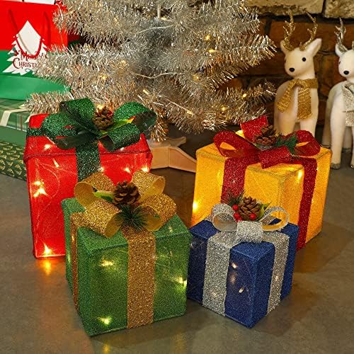 Комплект от 4 Коледни подаръци кутии с подсветка, Подарък кутия с Предварително подсвеченной сърма и лък (Червено, Зелено,