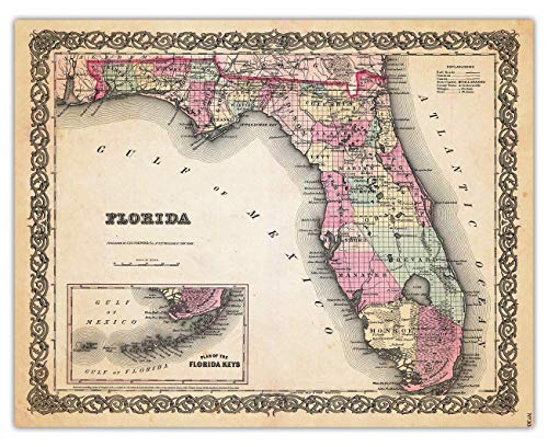 Реколта Карта на Флорида, Стенно изкуство: Уникални Щампи за Пътуване и Приключения, за дома, офис, хол и Спални -