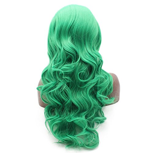 Iewig Дълги вълнообразни зелени перука за жени, синтетични перука на дантели, наполовина свързани ръчно, перука