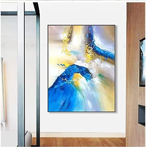 JFNISS Ръчно Рисувани с маслени Бои Върху Платно - Абстрактни цветни жълто-синя текстура, Ръчно Рисувани, Голямо Платно, Стенно