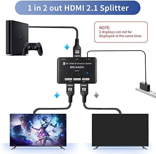 HDMI 2.1 Сплитер с 2 броя кабели HDMI 2.1 6 фута, BolAAzuL двупосочни HDMI 2.1 Ultra 8K @ 60Hz HD Switcher Box 2 в 1 изход 4K @ 120Hz HDMI 2.1 Адаптер 1 2 изхода HDR 48 gbps за Xbox PS5/4 Blueray