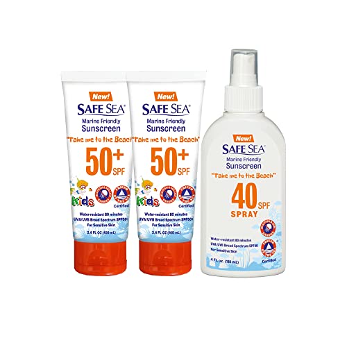 Слънцезащитен крем Safe Sea SPF50 + Kids 3,4 грама (2 опаковки) и SPF40 Спрей | За чувствителна кожа | защитен лосион от ужилвания