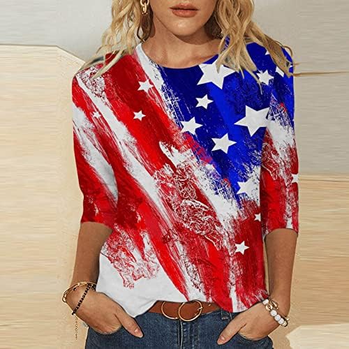 Тениска с изображение на Американското знаме и Звезда За момичета, Капаци, с Лодка деколте, Риза с 3/4 ръкав, Ежедневни Есенно-Лятна