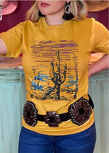Женска тениска с Кактусом Западната Пустиня, Реколта Тениска с Изображение на Кактус по Залез слънце в Ретро стил, Ежедневна