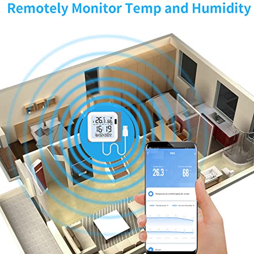 Умен WiFi следи температурата и влажността на въздуха, Sasha WiFi Термометър-Влагомер, Сензор с управлението на приложение, Голям LCD дисплей, Осветление, Съвместимо с Алек