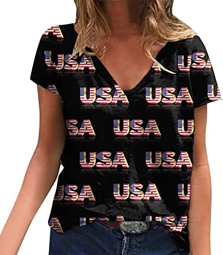 На 4 юли, Ризи за Жени, Ежедневни Лятна Тениска с Американския Флаг, Къс Ръкав, V-Образно Деколте, Звезди, Райета, Блуза и Вратовръзка-Боя,