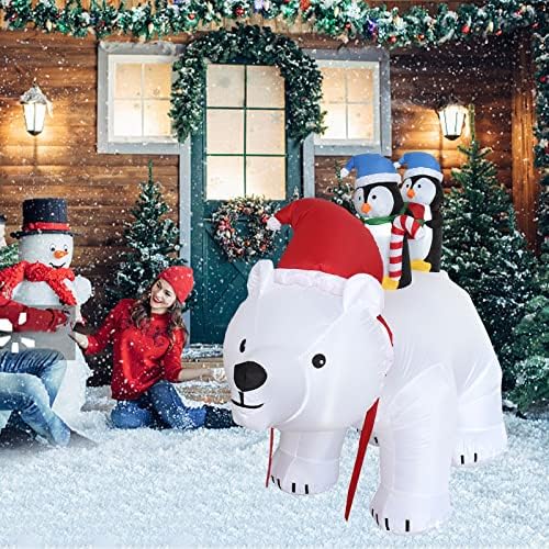 Надуваеми Коледна Украса с дължина 6,5 метра, Коледен Надуваем Бяла Мечка с Пингвини, Коледни Надуваеми Външни