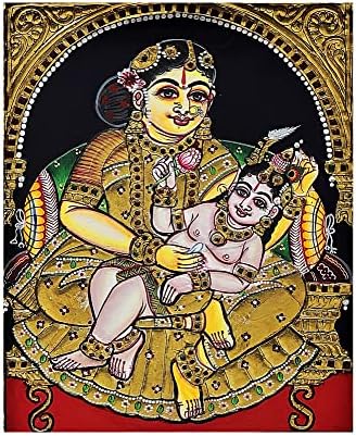 Екзотична Индия 10 x 12 Бебе на Кришна в скута на майка си Яшоды Танджор Картина | Традиционните цветове С 24-КАРАТОВО G