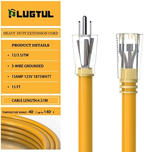 Уличен удължител PLUGTUL 15 фута Водоустойчив, удължителен кабел за тежки условия на работа с подсветка 12/3