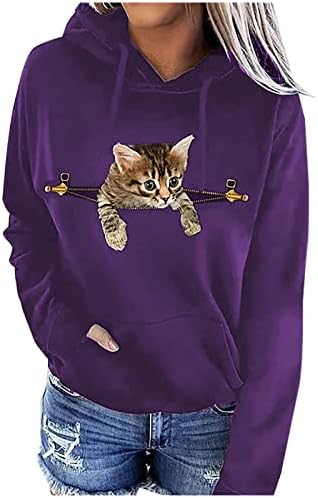 Риза с качулка с 3D Принтом Котка за Жени, Сладка Тениска с изображение на Коте, Выглядывающего Котка, Графична
