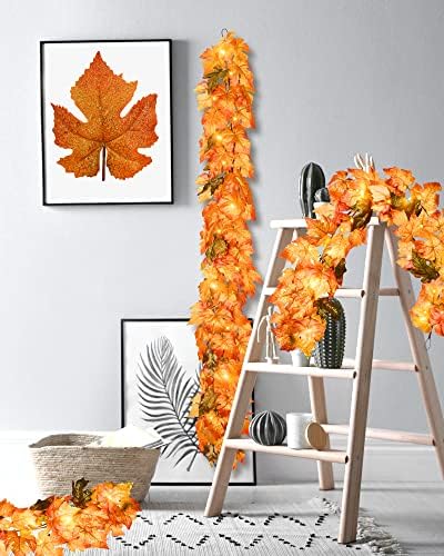 Vlorart Есенен Венец от Кленов листа 5,6 метра, с Осветление, Венец от Изкуствени Есенни листа за Есенния Украса, Гирлянда