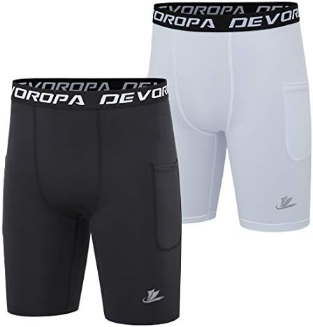 Компресия шорти DEVOROPA Youth за момчета, основни слоеве за спорт, бельо за тренировки, Страничен джоб (опаковка от 2)