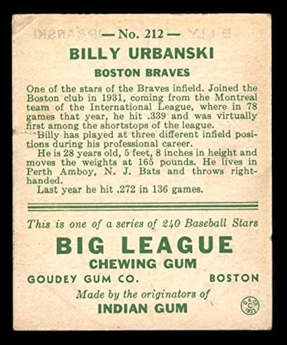 1933 Гуди 212 Били Урбански Бостън Брейвз (Бейзболна картичка) ДОБРИ Брейвз