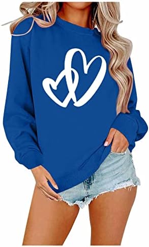 Дамски Блузи с кръгло деколте и дълъг ръкав с принтом във формата на Сърце, Всекидневни Пуловер, Лека Дишаща Свободна