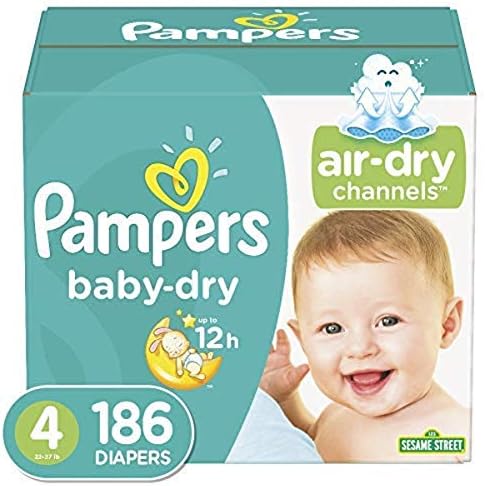 Памперси 4-ти размер, брой 186 броя и бебешки кърпички - Сухи бебешки пелени за еднократна употреба Pampers Baby, Месечен запас, а също и Ароматизирани бебешки кърпички Pampers