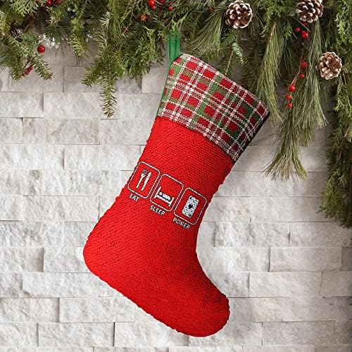 Eat Sleep Poker Чорапи с Пайети за Коледните Празници, Заден, Променящи Цвета, Вълшебни Чорапи за Коледната Елха,