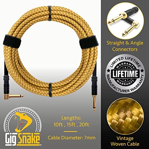 Китара кабел 10 метра - 1/4 Инча Правоъгълен Жълт Инструментален кабел - Кабел за електрическа китара с професионално качество