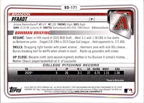 Бейзболна картичка Боумена проект на мотика 2020 г. №BD-171 Брандън Пфаадта Аризона Даймондбэкс