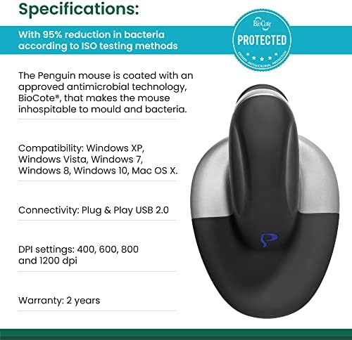 Жичен ергономична мишка Posturite Penguin Ambidextrous | USB, намалява RSI, лесно се плъзга, вертикален дизайн,