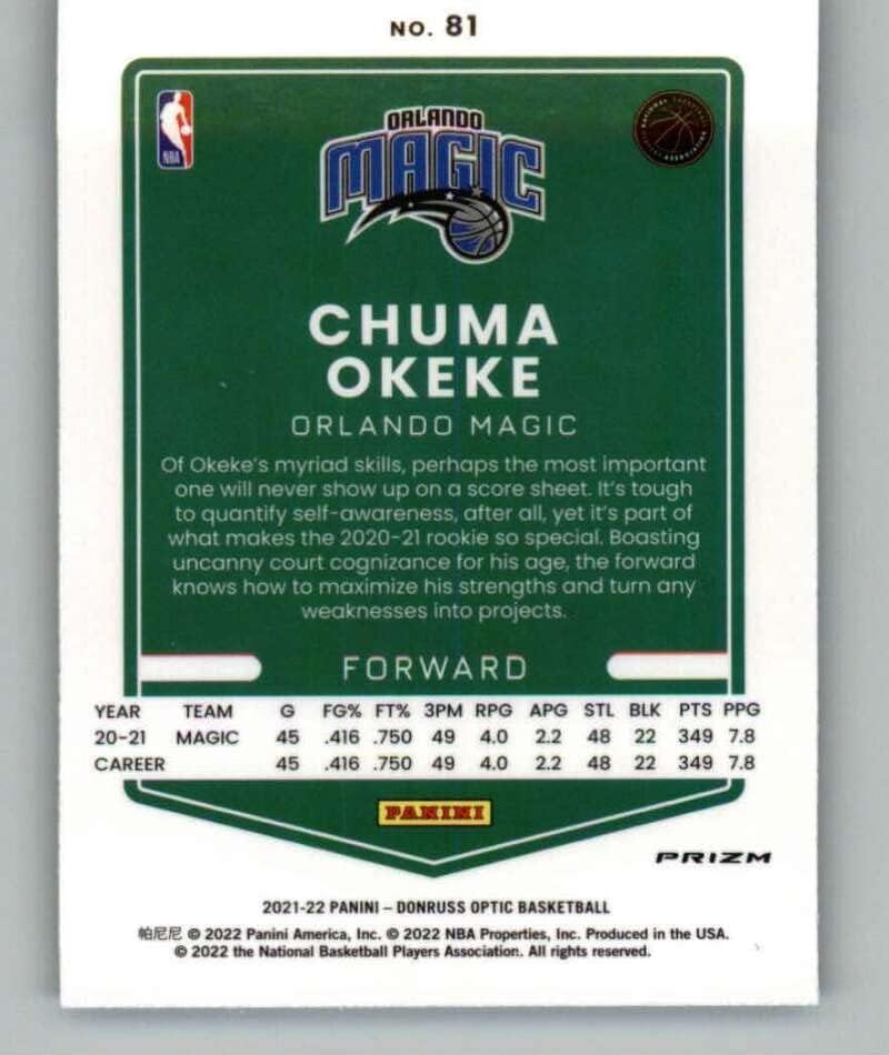 2021-22 Donruss Optic Blue Скоростта 81 Търговска картичка баскетболист в НБА Чума Океке Орландо Меджик 2021-22