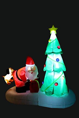 6 Фута Висок Осветен Надуваем Дядо Коледа и Куче с Коледна Елха, Хубава Украса за Партита На Закрито, На Открито, в Градината,