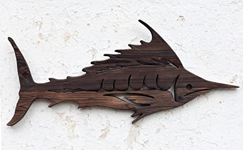 Стенно Изкуство от Дървен Марлин, Стенно Изкуство от Риба Ръчно изработени, Интериор на Крайбрежните Дървени Стени, Дървена Скулптура на Риба (в Синьо)