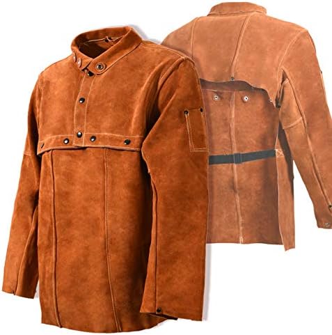 Leaseek Leather Welding Jacket - Сверхпрочный заваряване престилка с ръкав, Термостойкое заваръчно палто от телешка кожа за