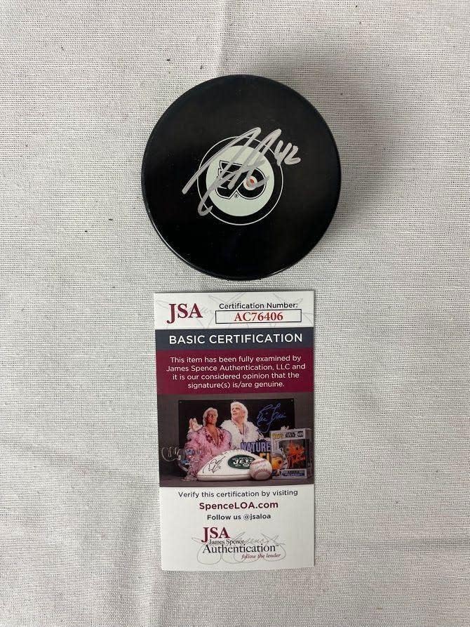 Хокейна шайба Джейсън Эйксона с автограф Филаделфия Флайърс JSA AC76406 - за Миене на НХЛ с автограф