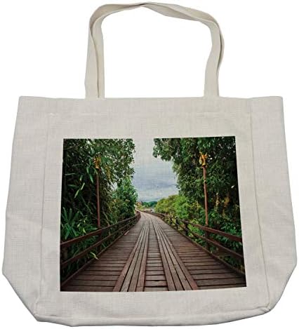 Чанта за пазаруване Ambesonne Landscape, Дървен Мост Между Екзотични дървета, Освежаващ Начин на Природата
