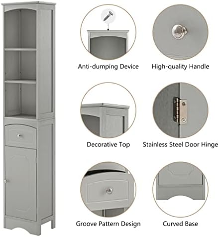 FLOYINM Отделно Стоящ Шкаф за Съхранение Баня с чекмеджета от МДФ с Регулируеми Рафтове Висок Шкаф за Баня Сив