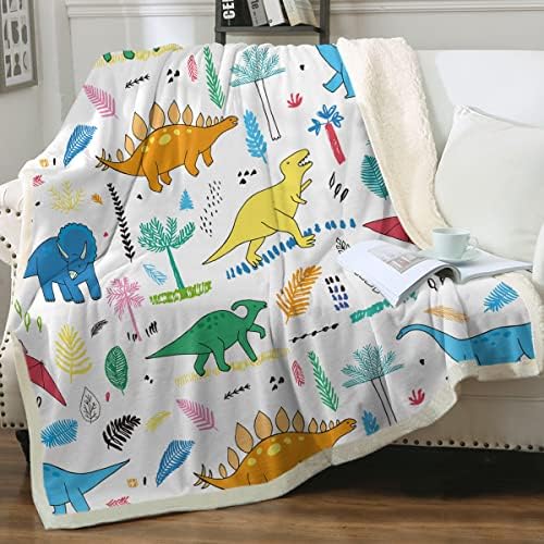 Одеало от шерпи за момчета Sleepwish Kids, с окраската на Динозавър на бял фон, Уважаеми Одеяло от Микрофибър