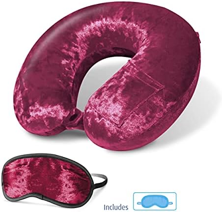 Възглавница за врата от смачкани кадифе Cloudz Luxe Memory Foam с Маска за Сън - Тъмно Червен