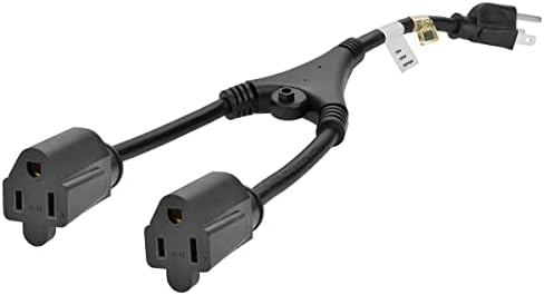 Кабел-сплитер захранващия кабел Monoprice 105309 - 14 инча | 14AWG, 15A (от NEMA 5-15 P до 2x NEMA 5-15 R) черен