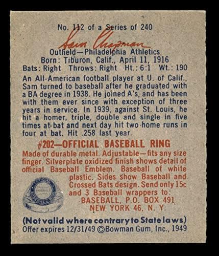 1949 Боуман 112 Сам Чапман Филаделфия Атлетикс (Бейзболна картичка) EX/MT Athletics