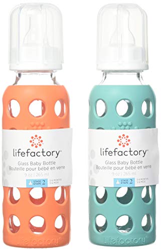 Lifefactory 9 грама Стъклена Детска бутилка 2 бр. в опаковка с 2-ма Събитие 3-ма биберони (Зеле / папая)
