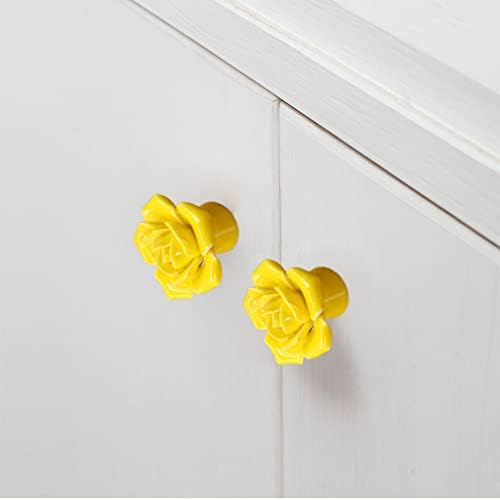 ESreake 4 Опаковки Керамични Дръжки с Жълти Рози, Керамични Дръжки с Цветя, Рози, Реколта Дръжки за Кухненски шкаф,