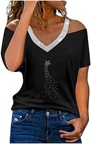 Женска Тениска с Открити Рамене и Дълбоко V Образно Деколте, От Памук под формата на Звезди, и Сърцето на Графичен Дизайн