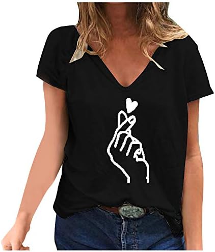 Bmisegm Дамски Блузи с Сърца, Тениска С Къс ръкав, Лятна Риза Свободно Намаляване на Риза
