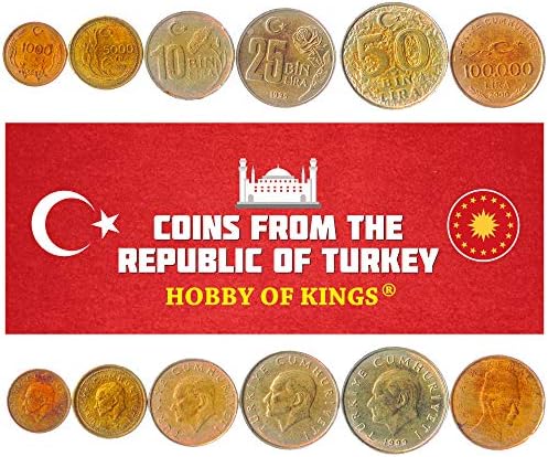6 Монети от Турция | Колекция от турски монети 1000 5000 10000 25000 50000 100000 Лири | В обращение 1995-2000 | Мустафа Кемал