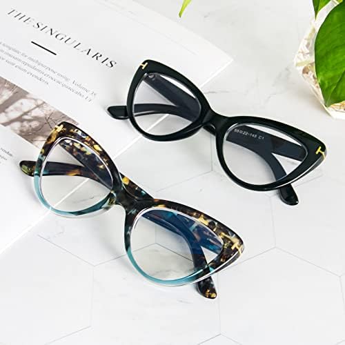 MMOWW, очила за четене с кошачьим око, сладък модни очила за четене за жени, 2 чифта (черно + костенурки син, + 2,0)